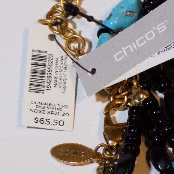 New w/$65.50 Tag Chico's Cayman Black Turquoise Double Strand Beaded Necklace - Picture 2 of 9
